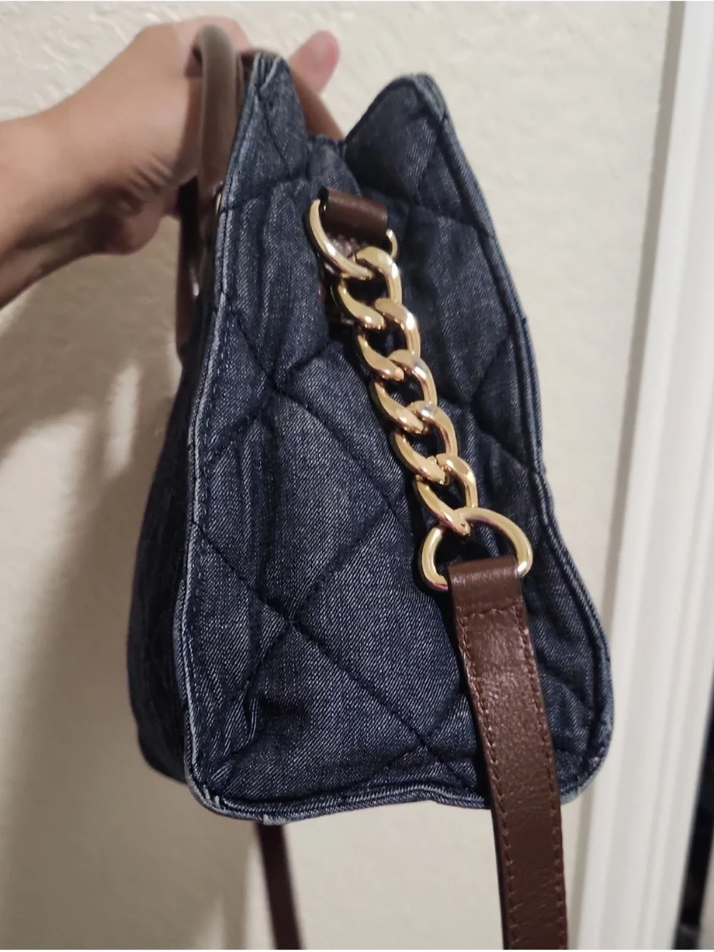 Michael Kors Brown Leather-Trim Quilted Denim Tote